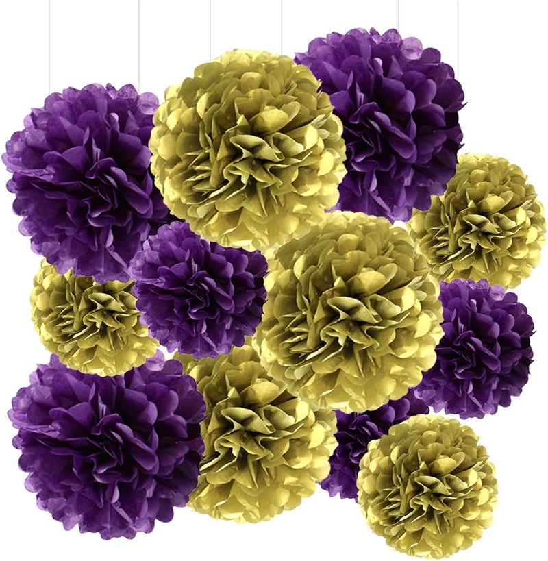 YESON Purple and Gold Tissue Paper Pom Poms Hanging Tissue Flowers Poms Decorations Pack of 12 for Wedding, Birthday,Party Backdrop Decor ect. (12", 10",Tissue Paper Flowers) - Image 1